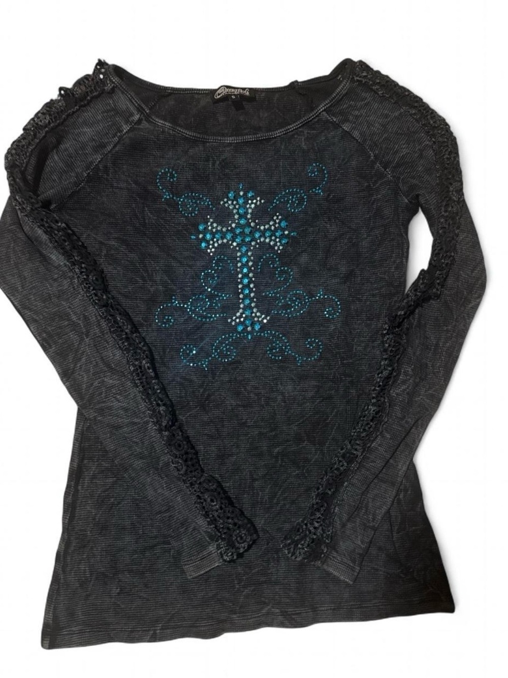 Black Long-Sleeve Embellished Tee with Turquoise Rhinestone Cross - Affliction